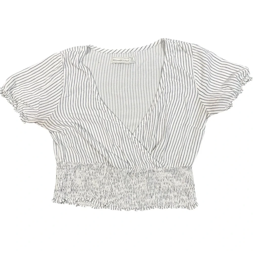 Abercrombie & Fitch Top Womens Medium White Blue Stripe Smocked Wrap Crop